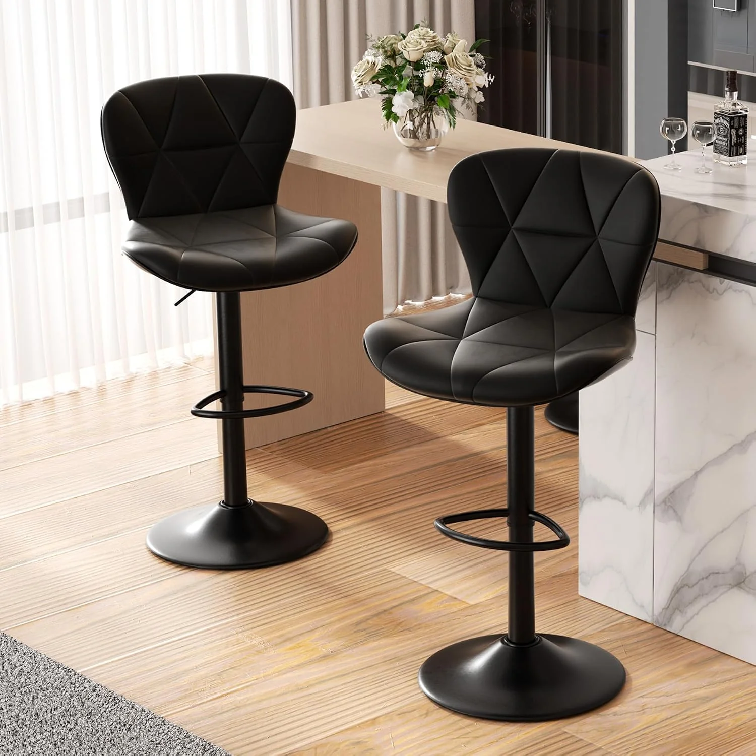 FashionTick Adjustable Faux Leather Swivel Bar Stools with Back, Set of 2, Black
