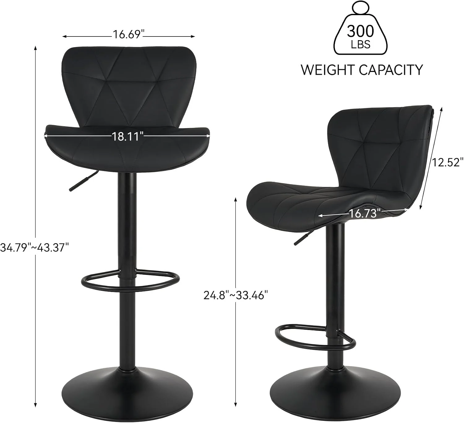 FashionTick Adjustable Faux Leather Swivel Bar Stools with Back, Set of 2, Black - image 2