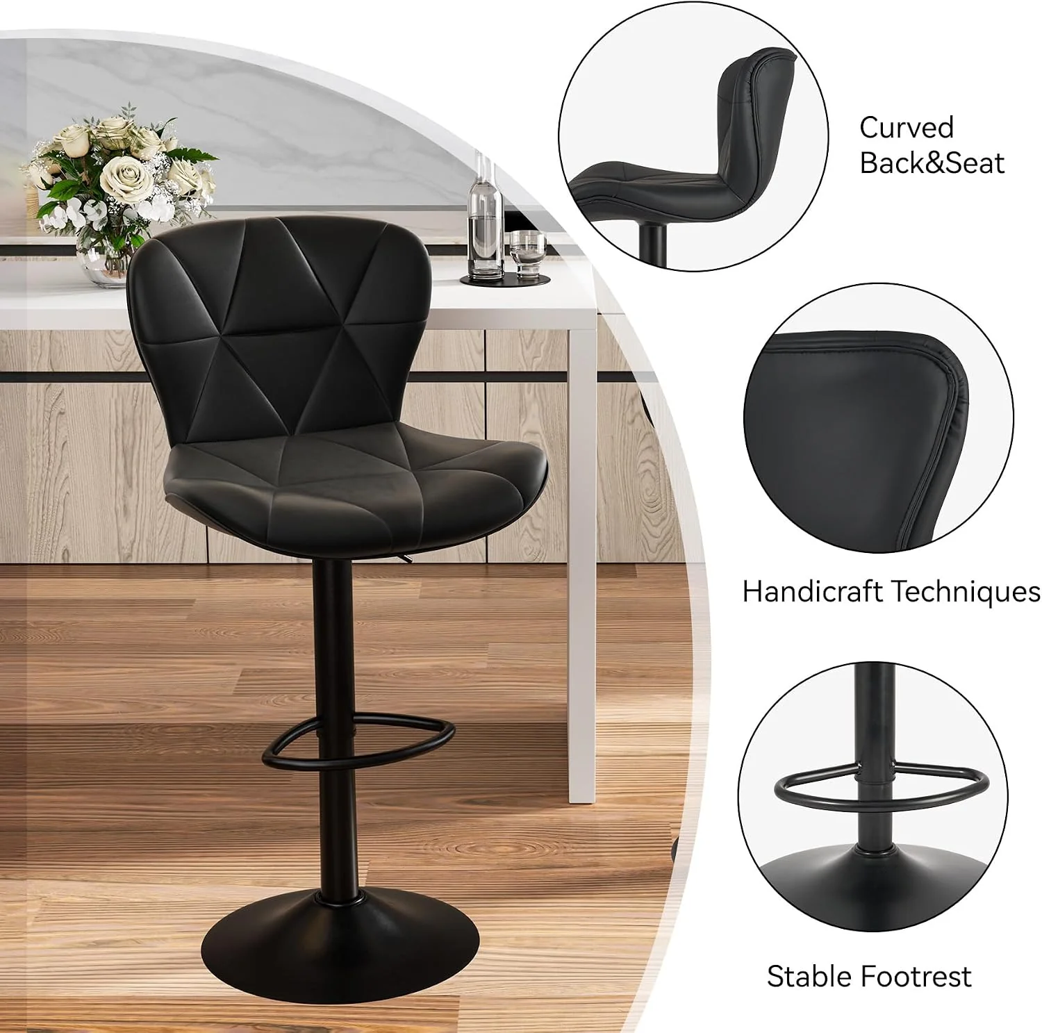 FashionTick Adjustable Faux Leather Swivel Bar Stools with Back, Set of 2, Black - image 3