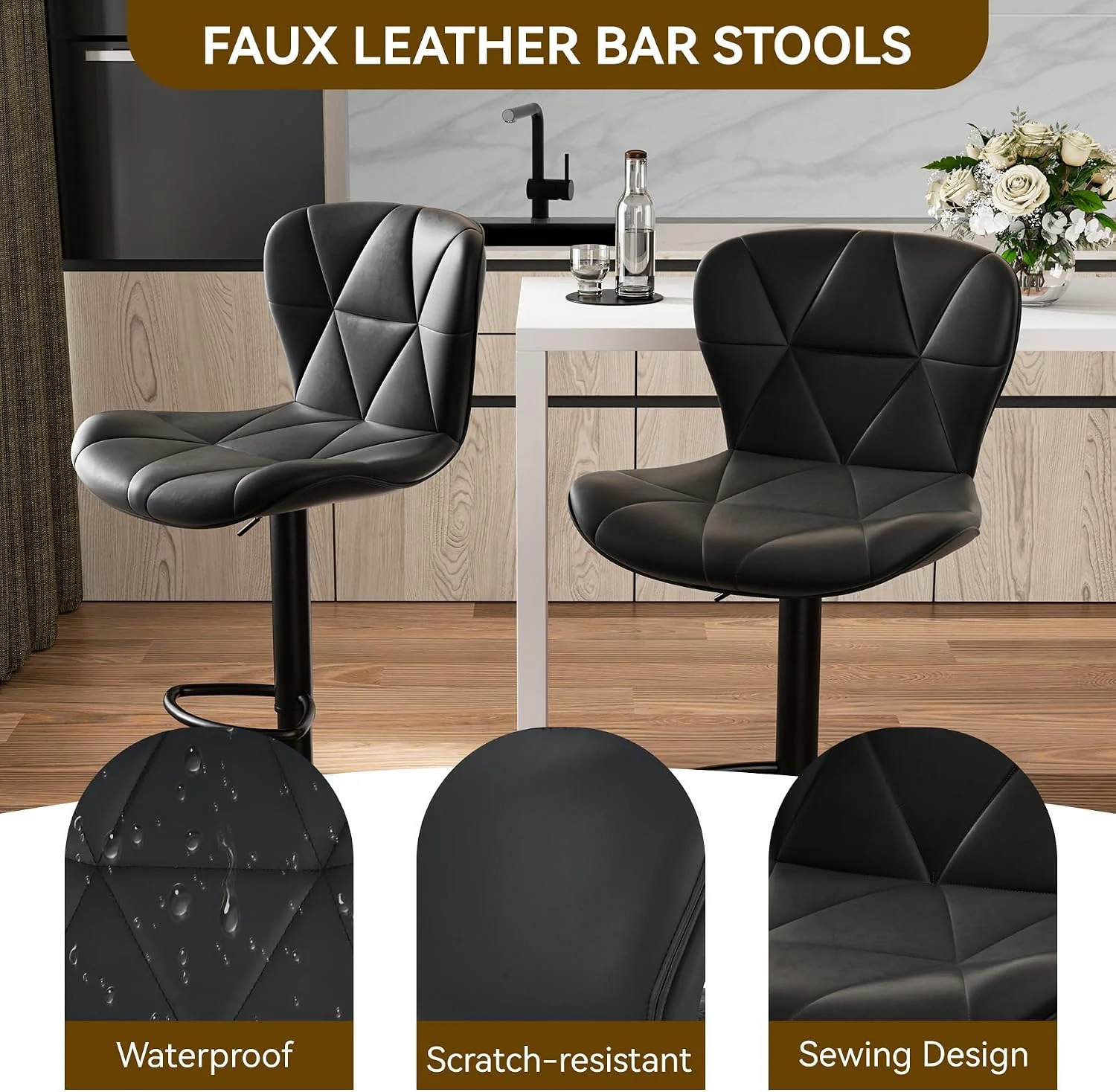 FashionTick Adjustable Faux Leather Swivel Bar Stools with Back, Set of 2, Black - image 4