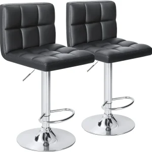 FashionTick Adjustable Swivel PU Leather Bar Stools with Back and Metal Base, Set of 2, Black