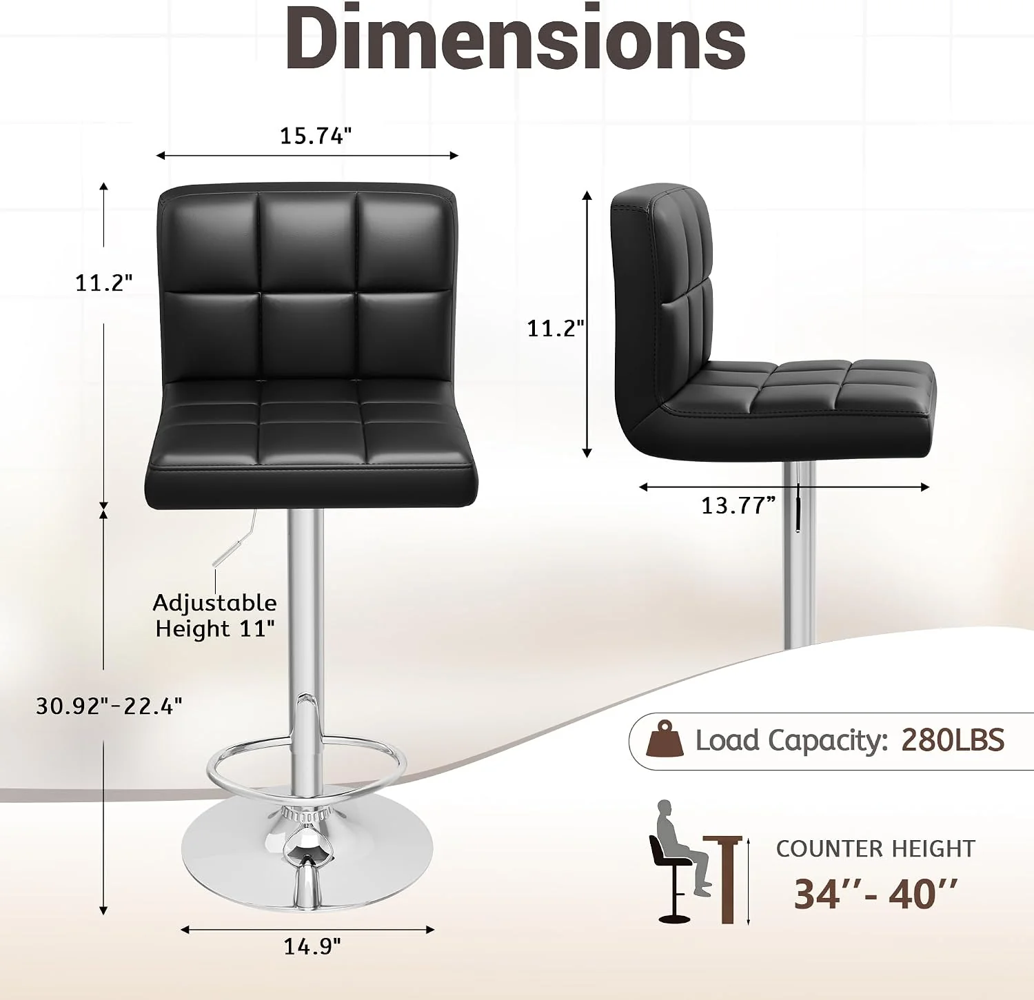FashionTick Adjustable Swivel PU Leather Bar Stools with Back and Metal Base, Set of 2, Black - image 3