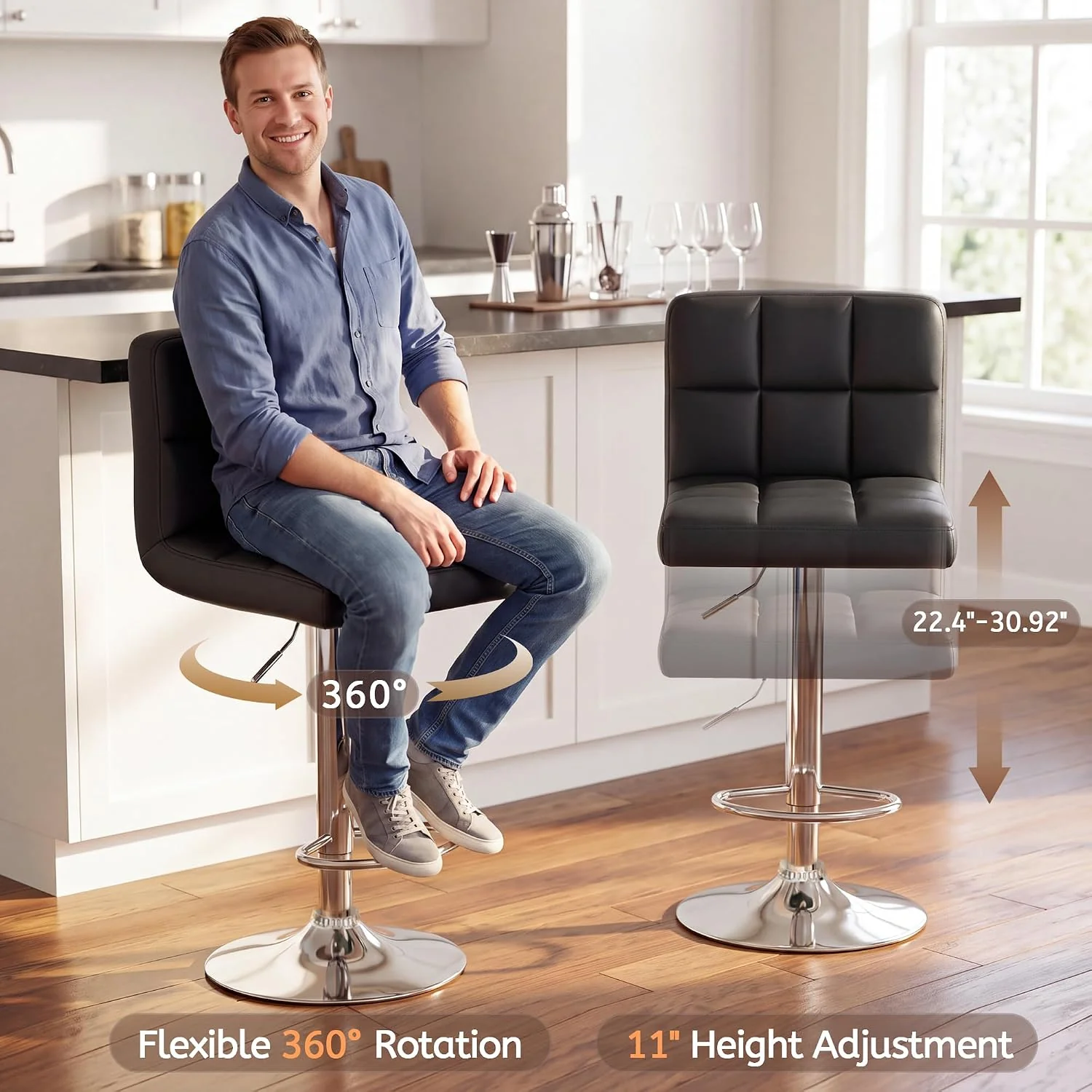 FashionTick Adjustable Swivel PU Leather Bar Stools with Back and Metal Base, Set of 2, Black - image 4