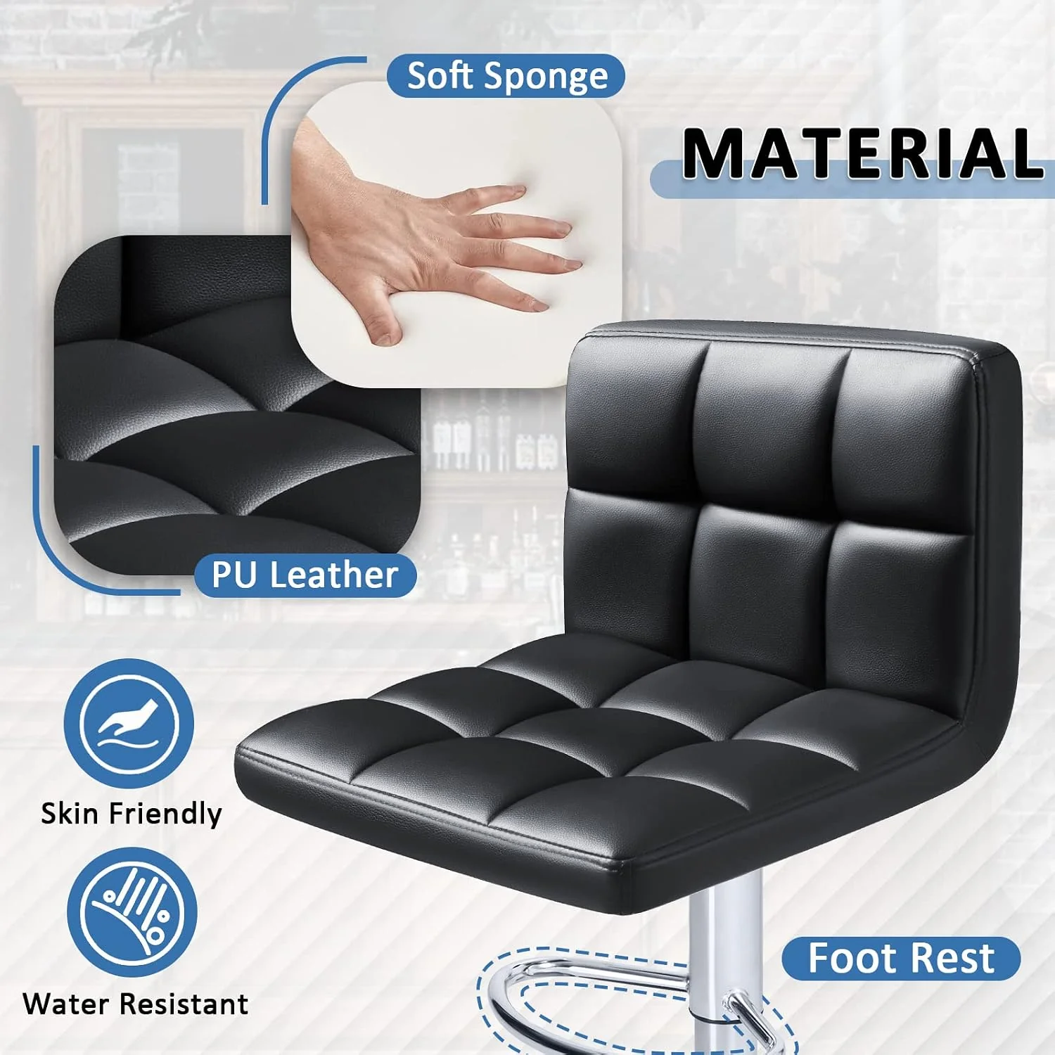 FashionTick Adjustable Swivel PU Leather Bar Stools with Back and Metal Base, Set of 2, Black - image 5