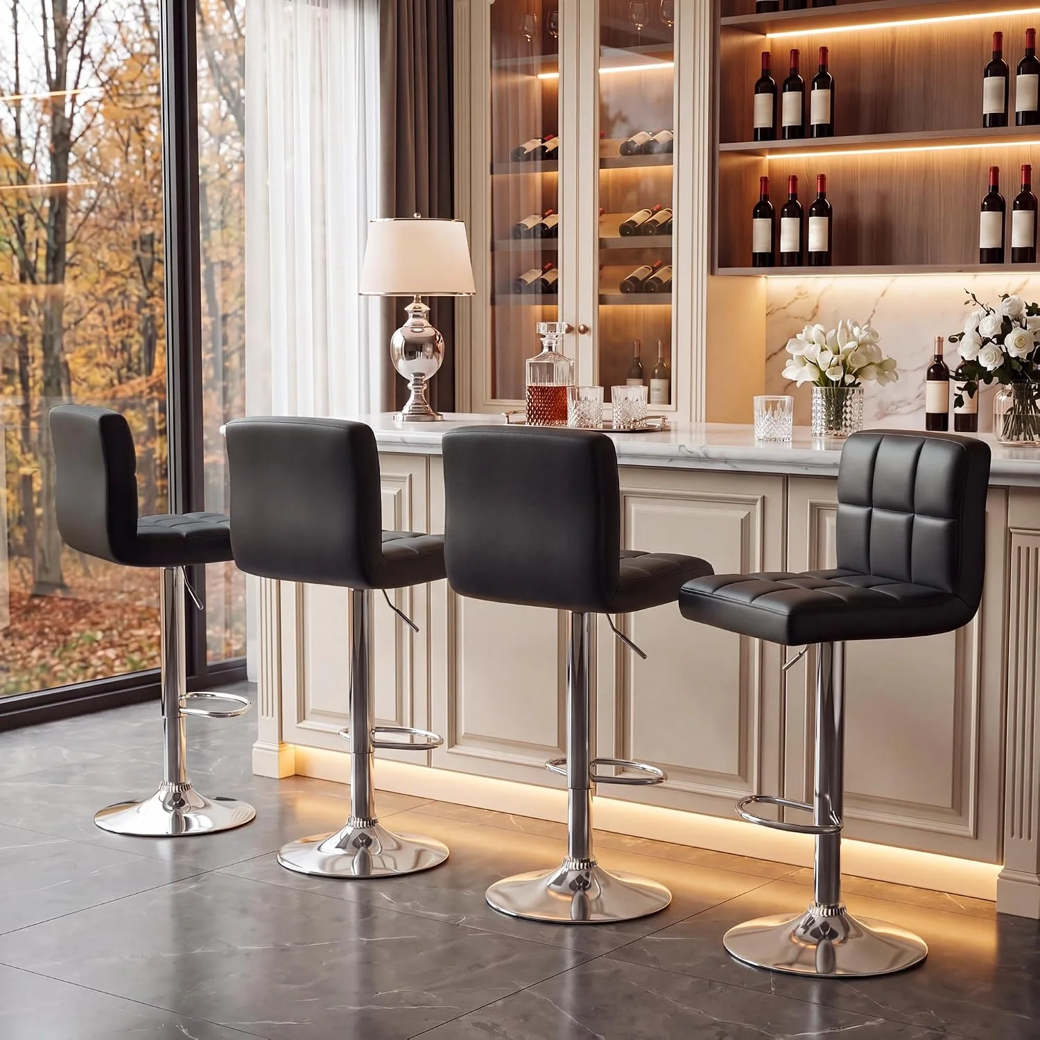 FashionTick Adjustable Swivel PU Leather Bar Stools with Back and Metal Base, Set of 2, Black - image 9