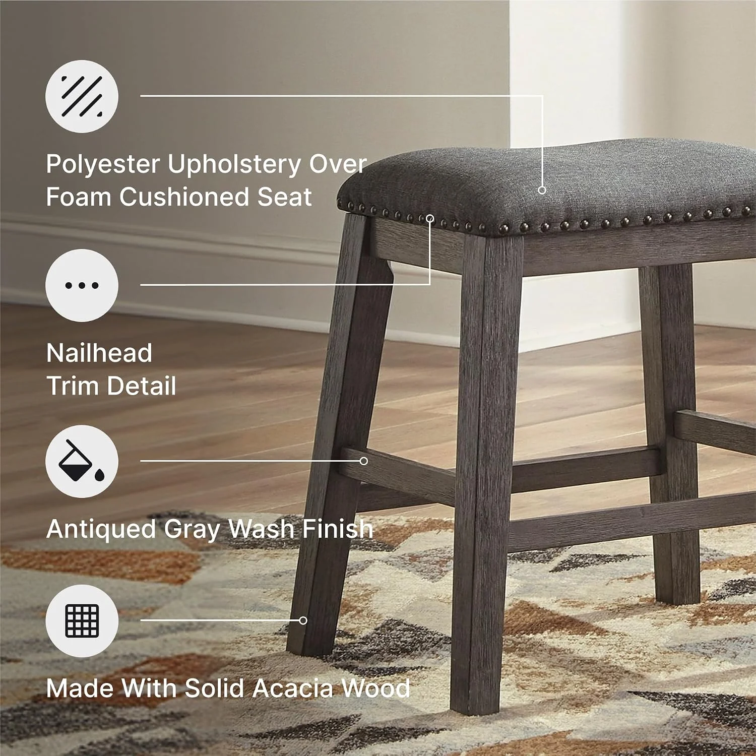 FashionTick Backless Upholstered Counter Stools with Nailhead Trim, Set of 2, Gray - image 4