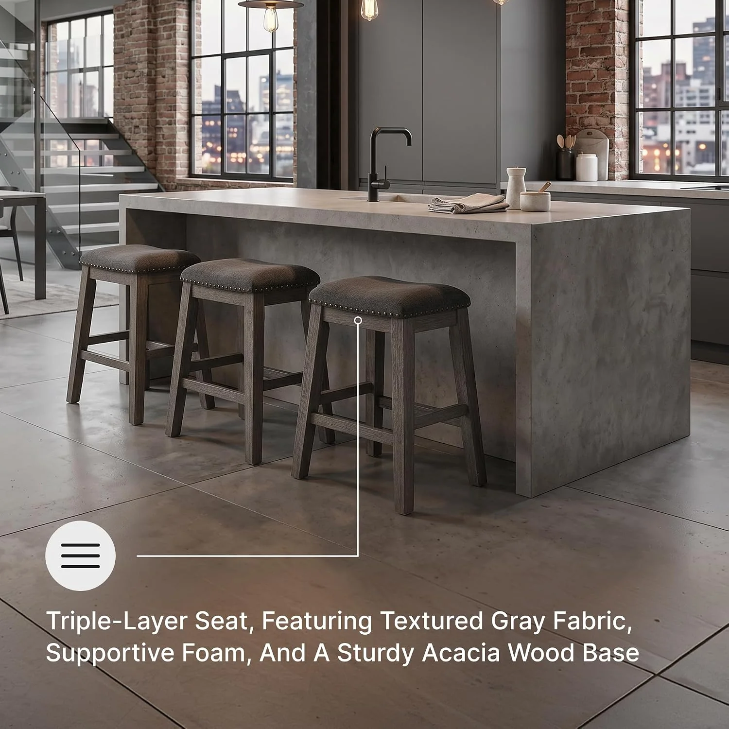FashionTick Backless Upholstered Counter Stools with Nailhead Trim, Set of 2, Gray - image 6