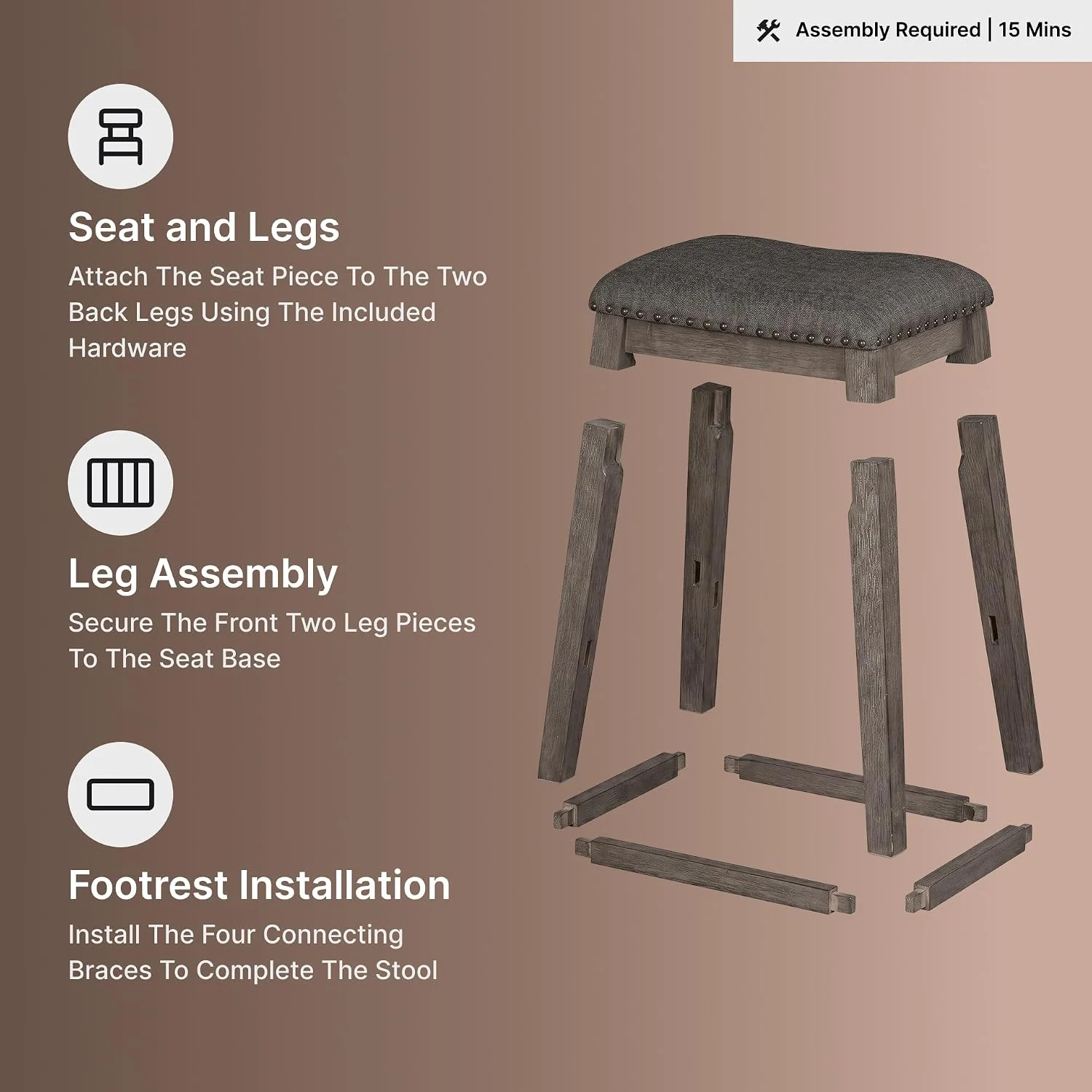 FashionTick Backless Upholstered Counter Stools with Nailhead Trim, Set of 2, Gray - image 9