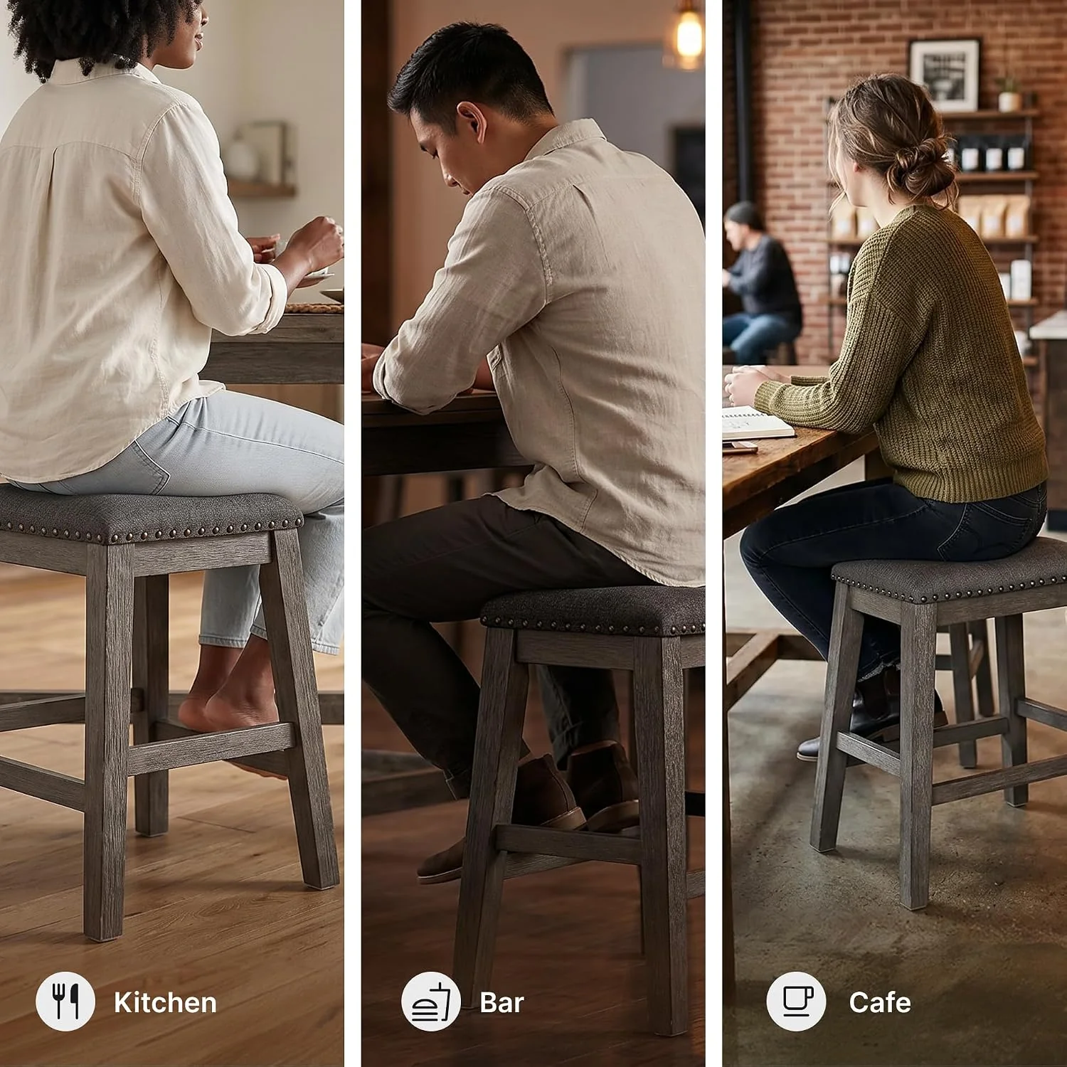 FashionTick Backless Upholstered Counter Stools with Nailhead Trim, Set of 2, Gray - image 11