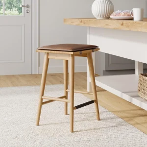 FashionTick Backless Wood Counter Stool with Removable Padded Cushion, 24 Inch, Light Brown and Brown