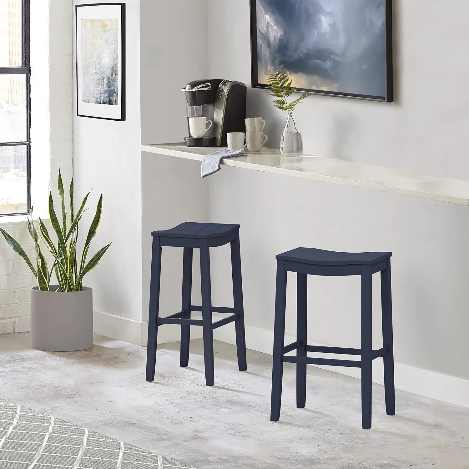 FashionTick Backless Wood Saddle Bar Stool with Grooved Seat, 30 Inch, Navy - image 2