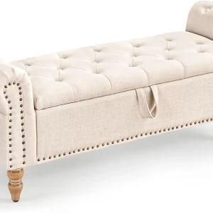 FashionTick Button-Tufted Linen Storage Bench with Rolled Arms, 51 Inch End of Bed Bench, Beige