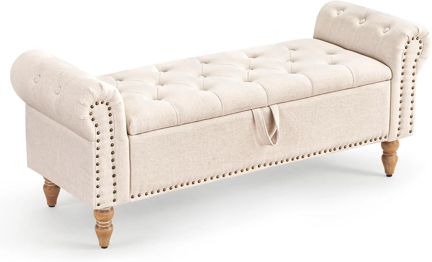 FashionTick Button-Tufted Linen Storage Bench with Rolled Arms, 51 Inch End of Bed Bench, Beige