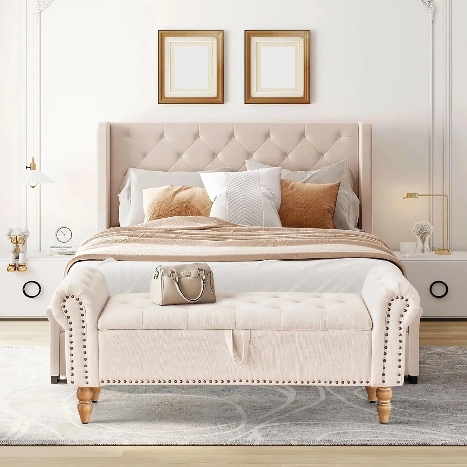 FashionTick Button-Tufted Linen Storage Bench with Rolled Arms, 51 Inch End of Bed Bench, Beige - image 2