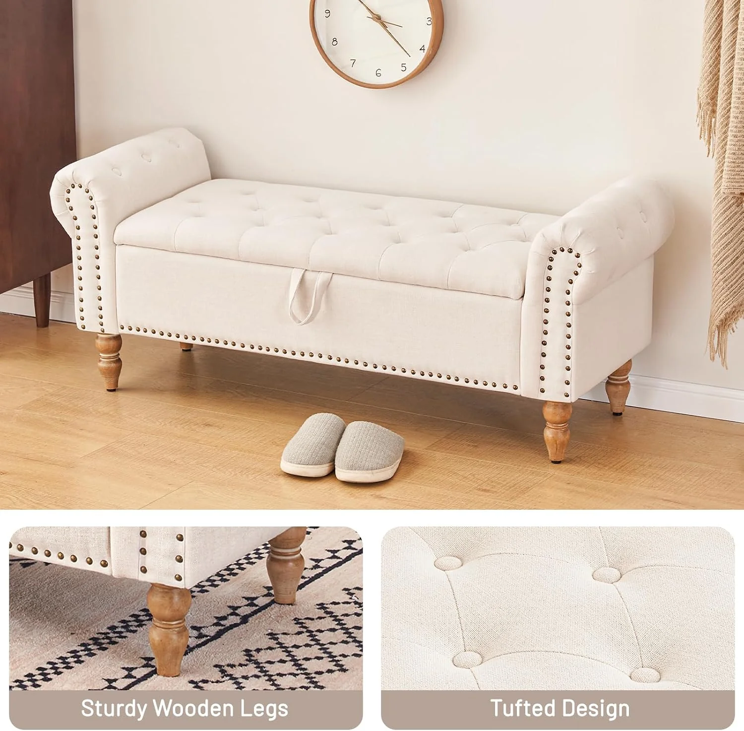 FashionTick Button-Tufted Linen Storage Bench with Rolled Arms, 51 Inch End of Bed Bench, Beige - image 3