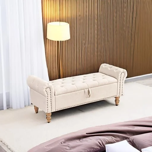 FashionTick Button-Tufted Linen Storage Bench with Rolled Arms, 51 Inch End of Bed Bench, Beige - image 4