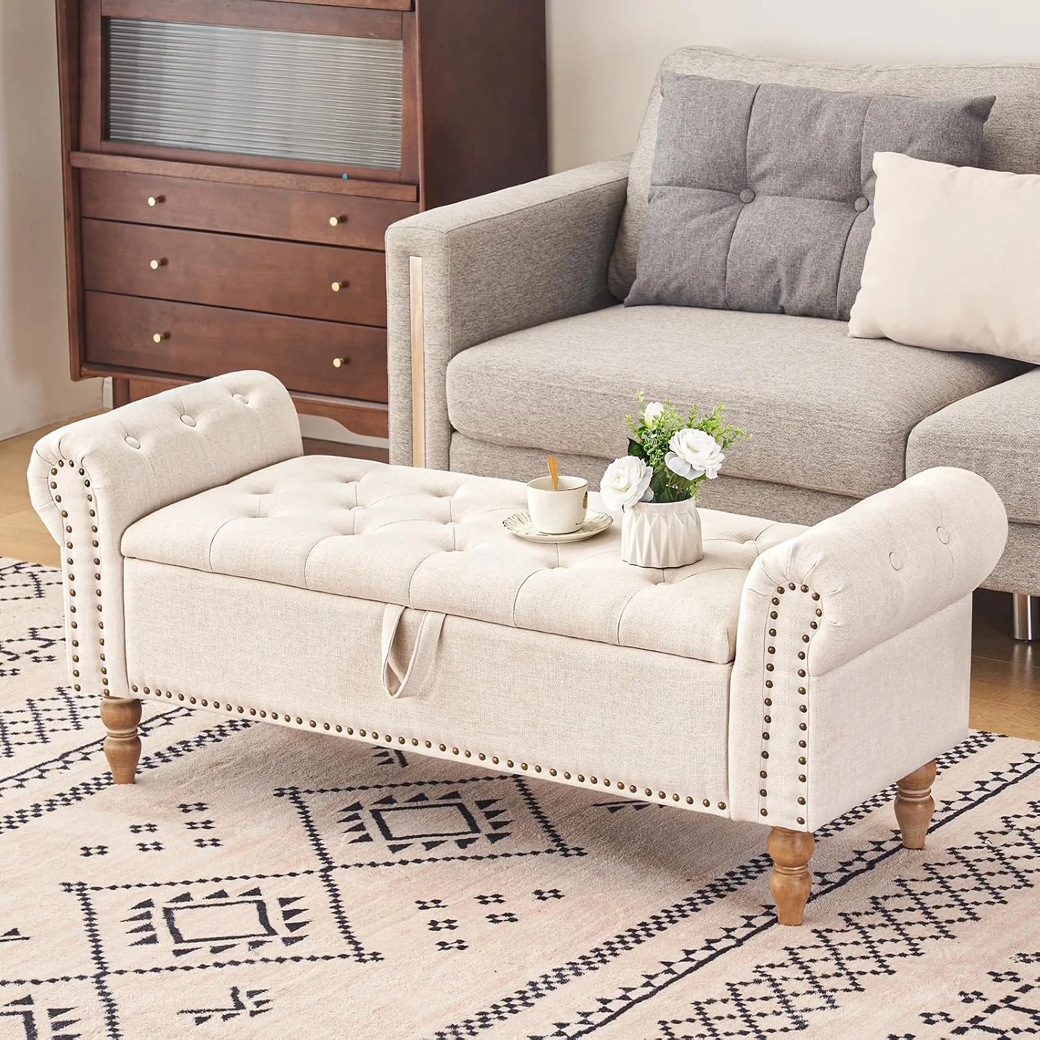 FashionTick Button-Tufted Linen Storage Bench with Rolled Arms, 51 Inch End of Bed Bench, Beige - image 7