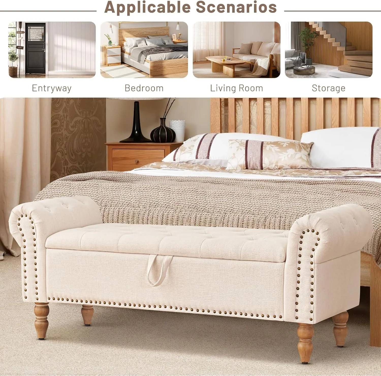 FashionTick Button-Tufted Linen Storage Bench with Rolled Arms, 51 Inch End of Bed Bench, Beige - image 8