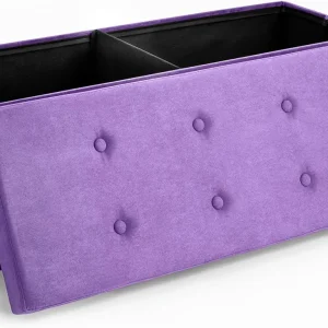FashionTick Collapsible Faux Suede Storage Ottoman Bench, 43 Inch Button-Tufted, Purple