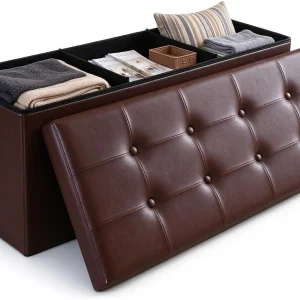 FashionTick Folding Faux Leather Storage Ottoman Bench, 43 Inch Button-Tufted Chest, Brown