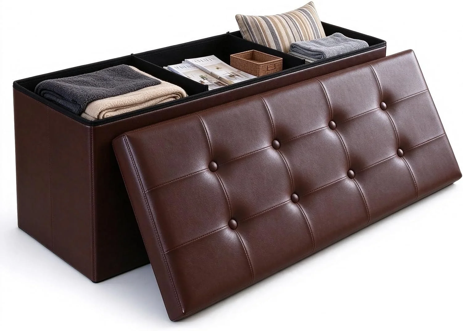 FashionTick Folding Faux Leather Storage Ottoman Bench, 43 Inch Button-Tufted Chest, Brown