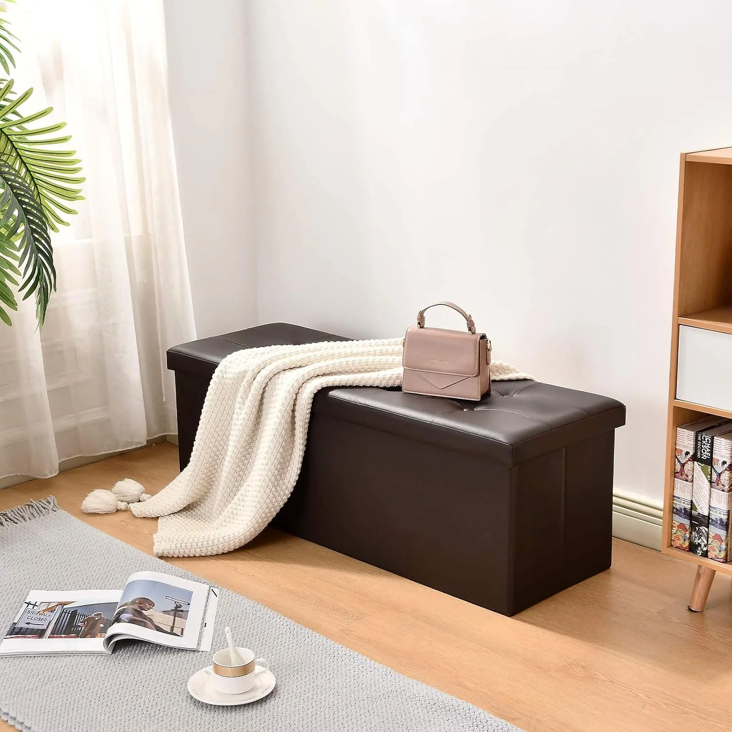 FashionTick Folding Faux Leather Storage Ottoman Bench, 43 Inch Button-Tufted Chest, Brown - image 2