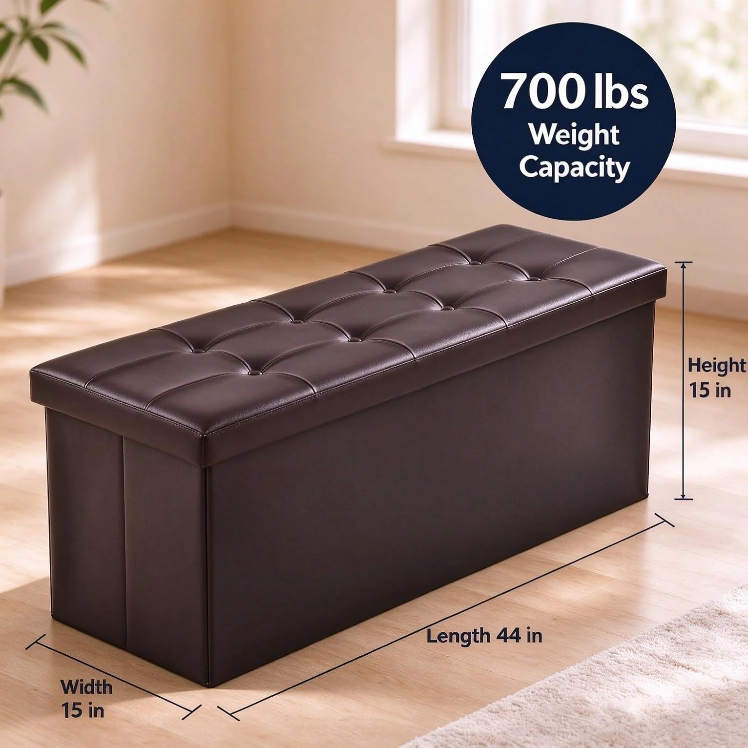 FashionTick Folding Faux Leather Storage Ottoman Bench, 43 Inch Button-Tufted Chest, Brown - image 3
