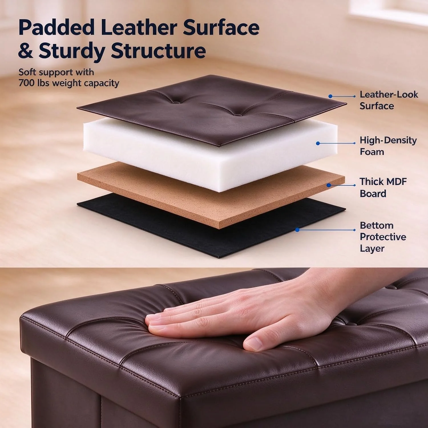 FashionTick Folding Faux Leather Storage Ottoman Bench, 43 Inch Button-Tufted Chest, Brown - image 4