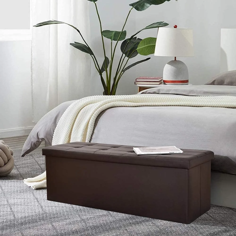 FashionTick Folding Faux Leather Storage Ottoman Bench, 43 Inch Button-Tufted Chest, Brown - image 5
