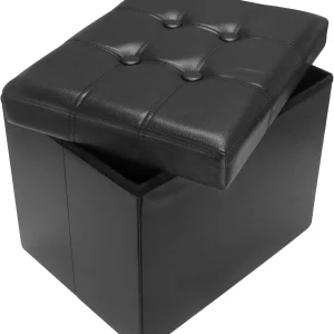 FashionTick Folding Faux Leather Storage Ottoman Foot Rest, 17 Inch, Black