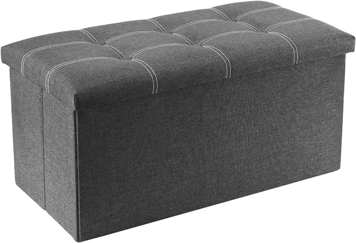 FashionTick Folding Storage Ottoman Bench, 30 Inch Linen Upholstered Bench with Lift-Off Lid, Gray