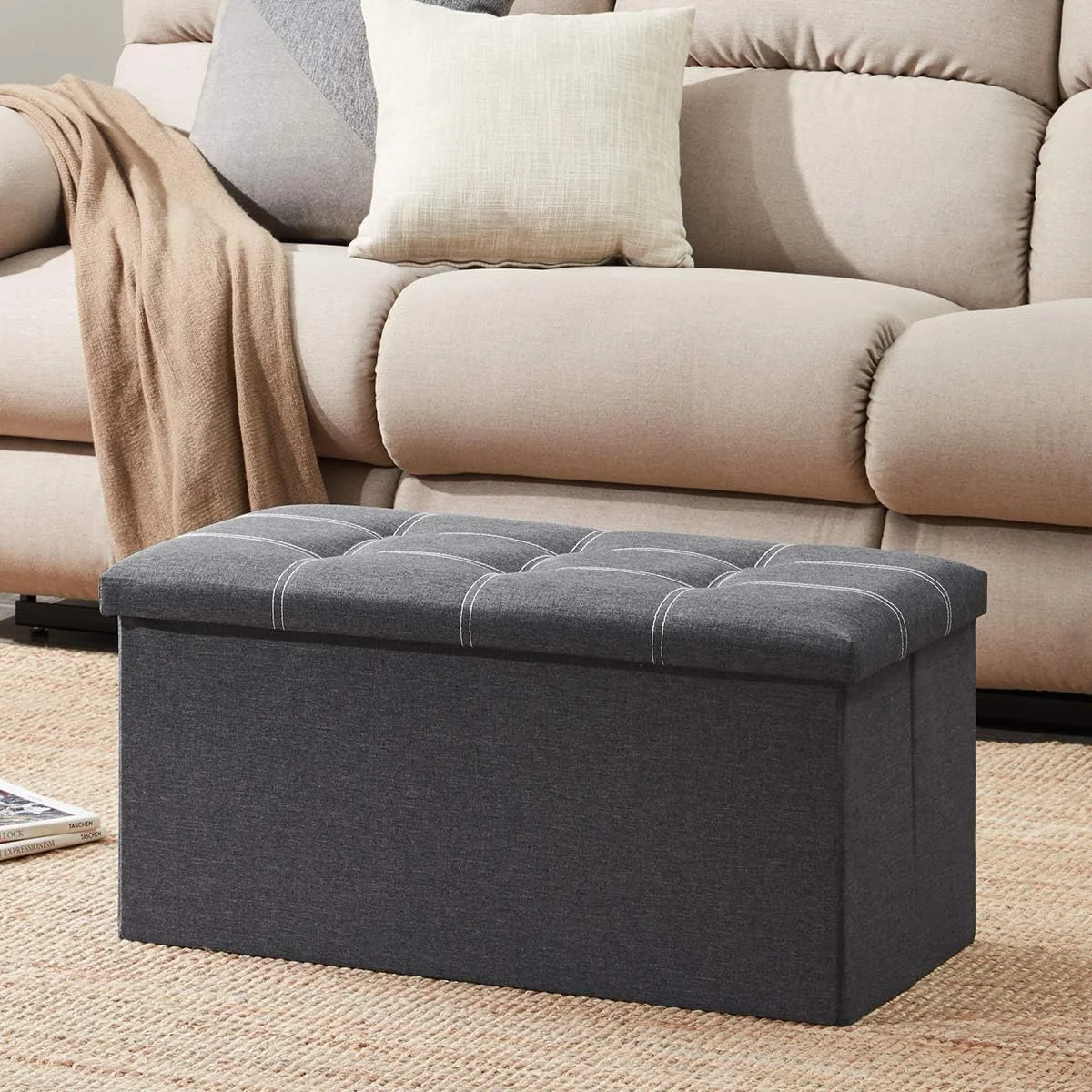 FashionTick Folding Storage Ottoman Bench, 30 Inch Linen Upholstered Bench with Lift-Off Lid, Gray - image 2