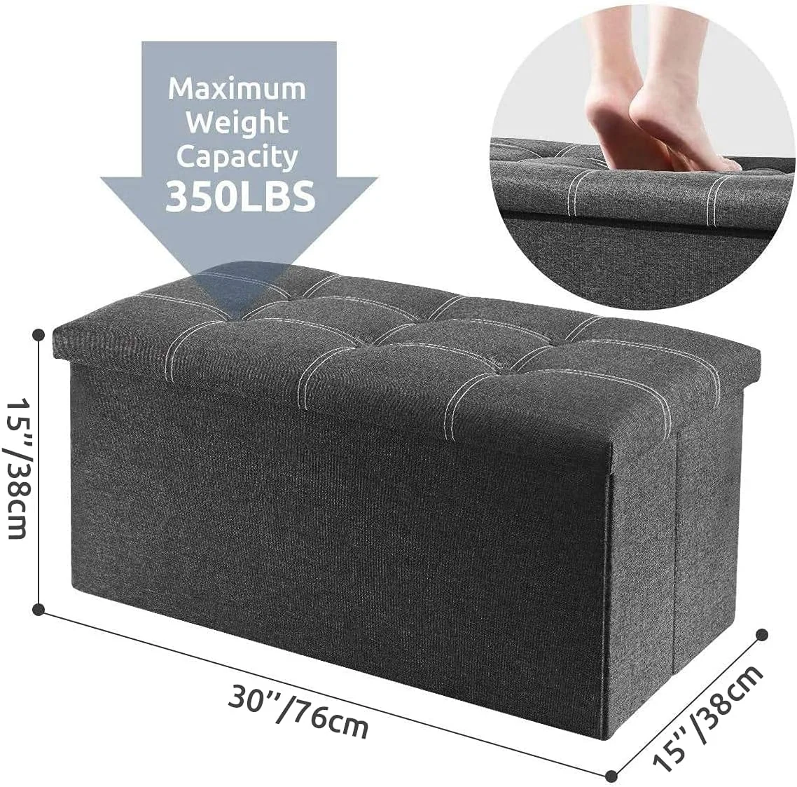 FashionTick Folding Storage Ottoman Bench, 30 Inch Linen Upholstered Bench with Lift-Off Lid, Gray - image 3
