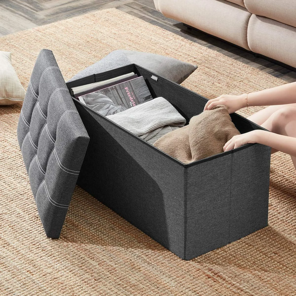 FashionTick Folding Storage Ottoman Bench, 30 Inch Linen Upholstered Bench with Lift-Off Lid, Gray - image 4