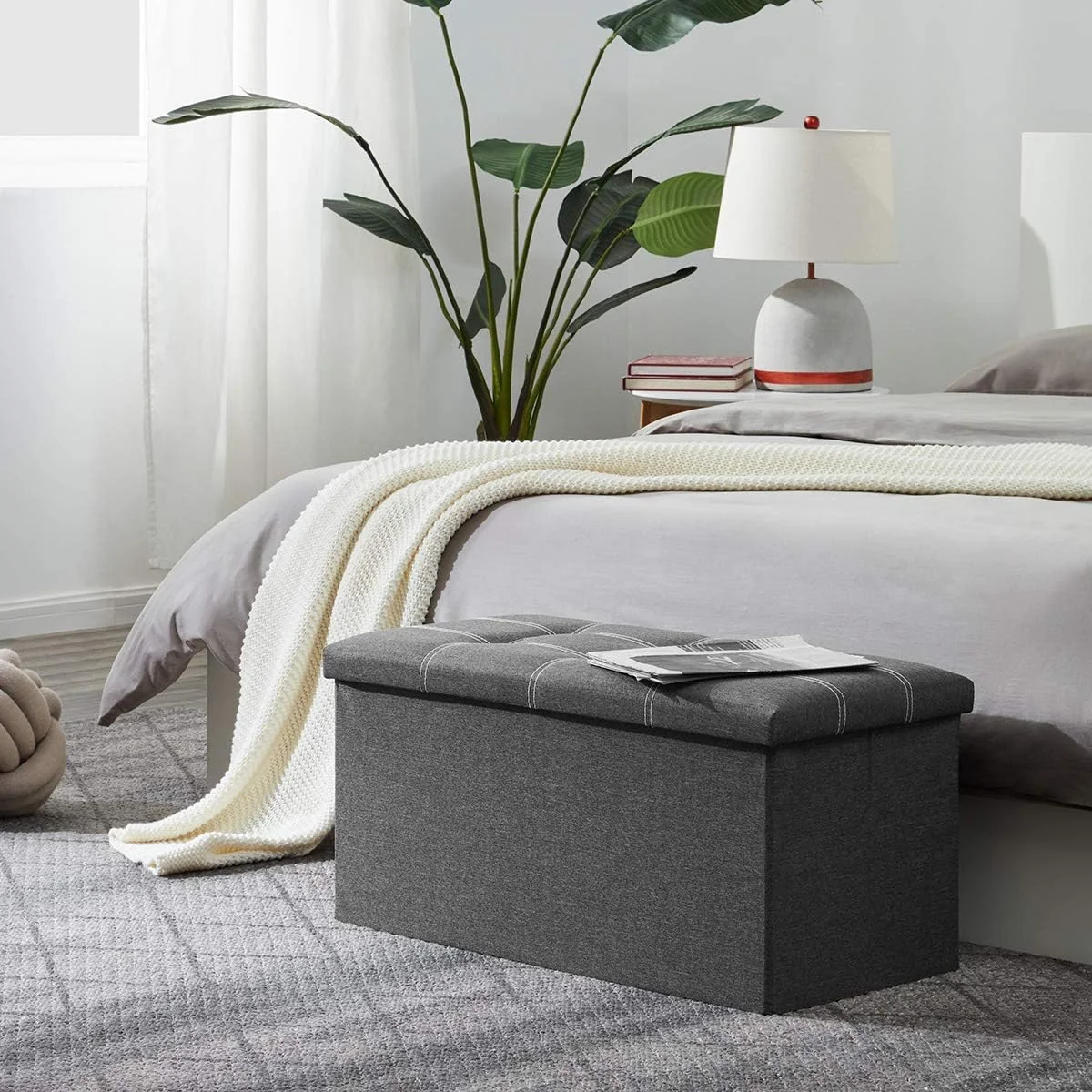 FashionTick Folding Storage Ottoman Bench, 30 Inch Linen Upholstered Bench with Lift-Off Lid, Gray - image 5