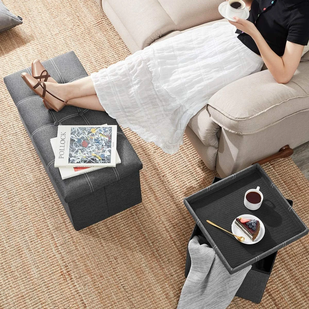 FashionTick Folding Storage Ottoman Bench, 30 Inch Linen Upholstered Bench with Lift-Off Lid, Gray - image 7