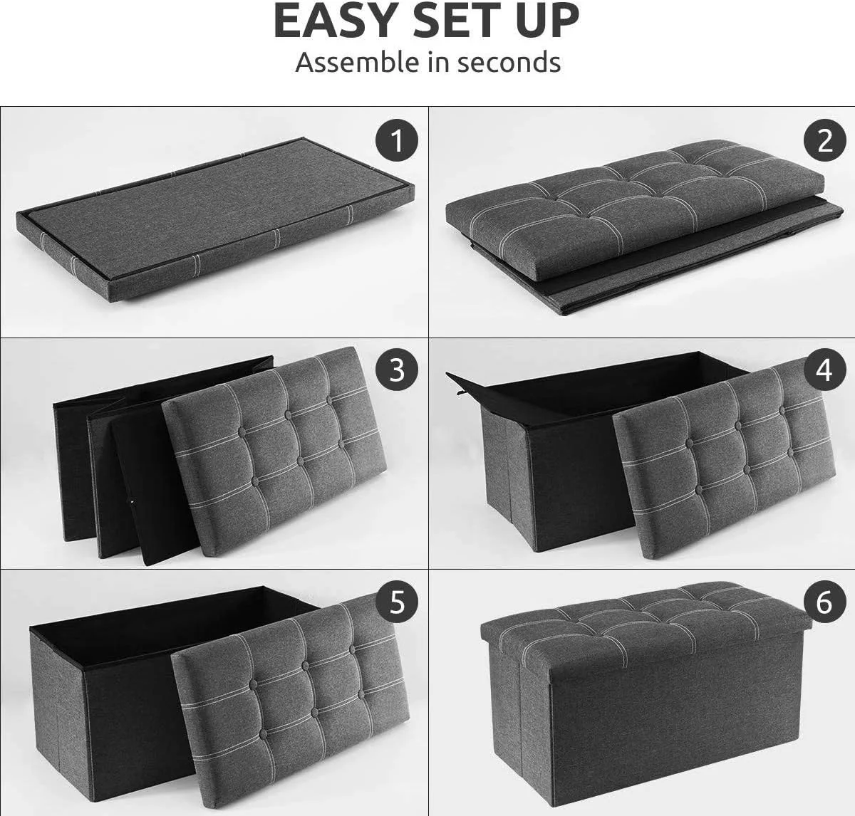 FashionTick Folding Storage Ottoman Bench, 30 Inch Linen Upholstered Bench with Lift-Off Lid, Gray - image 8