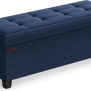 FashionTick Folding Storage Ottoman Bench with Legs, 43 Inch Linen-Look Tufted Bench, Midnight Blue