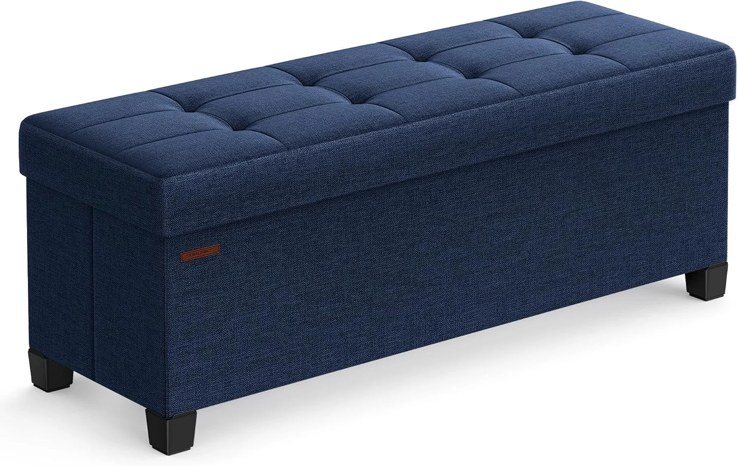 FashionTick Folding Storage Ottoman Bench with Legs, 43 Inch Linen-Look Tufted Bench, Midnight Blue