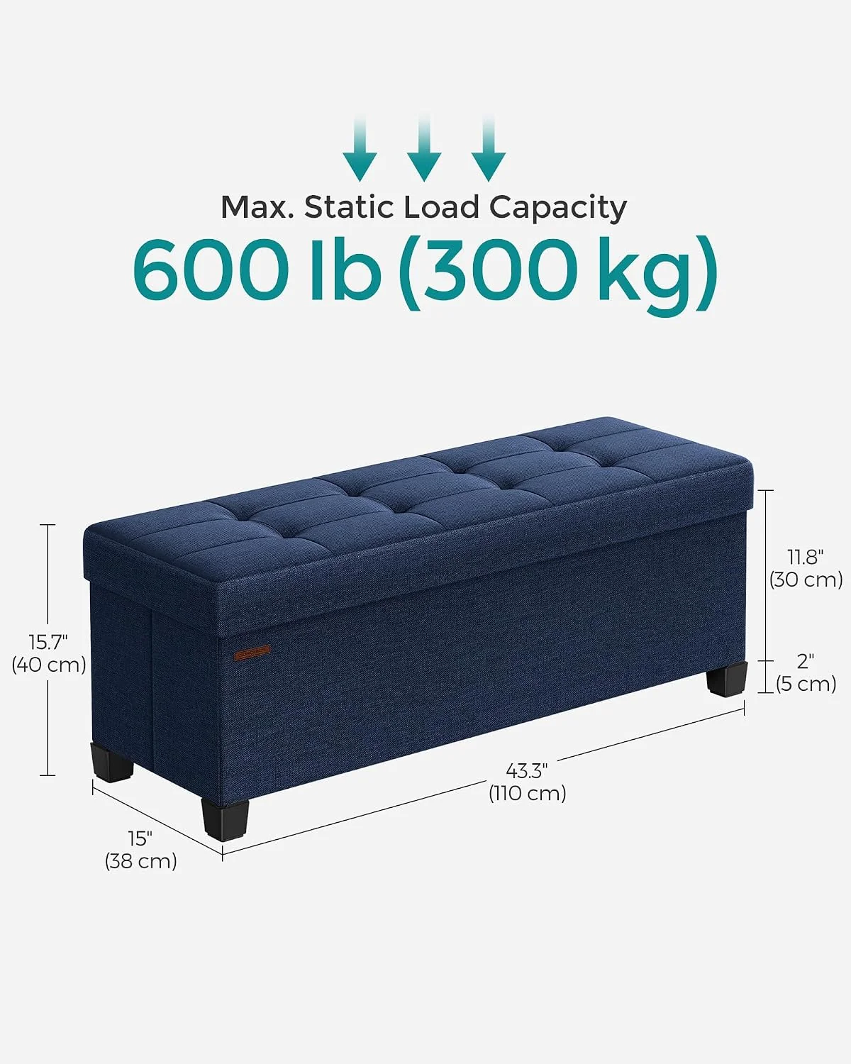 FashionTick Folding Storage Ottoman Bench with Legs, 43 Inch Linen-Look Tufted Bench, Midnight Blue - image 2