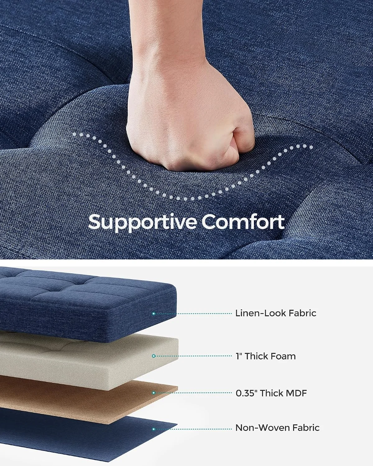 FashionTick Folding Storage Ottoman Bench with Legs, 43 Inch Linen-Look Tufted Bench, Midnight Blue - image 3