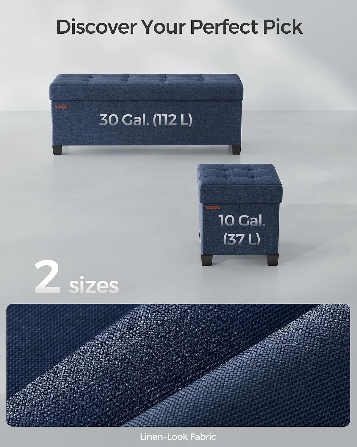 FashionTick Folding Storage Ottoman Bench with Legs, 43 Inch Linen-Look Tufted Bench, Midnight Blue - image 5