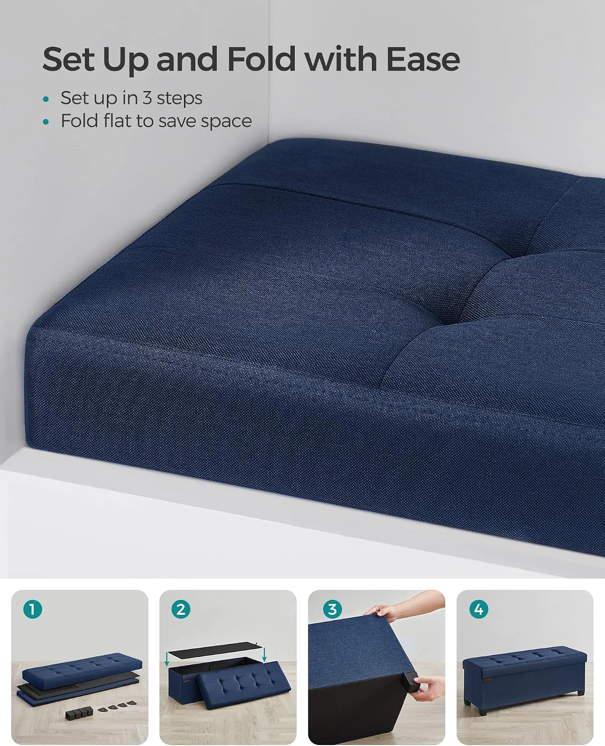 FashionTick Folding Storage Ottoman Bench with Legs, 43 Inch Linen-Look Tufted Bench, Midnight Blue - image 6