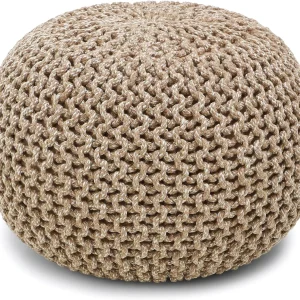 FashionTick Hand Knitted Round Pouf Ottoman, 18 Inch Braided Cotton Foot Rest, Beige Ivory