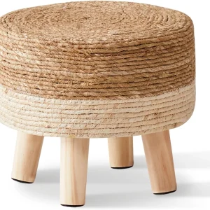 FashionTick Hand Woven Seagrass Round Foot Stool with Pine Legs, 13 Inch Padded Pouf, Natural and White