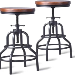 FashionTick Industrial Adjustable Swivel Pipe Stools with Round Wood Seat, Set of 2, Brown Wood