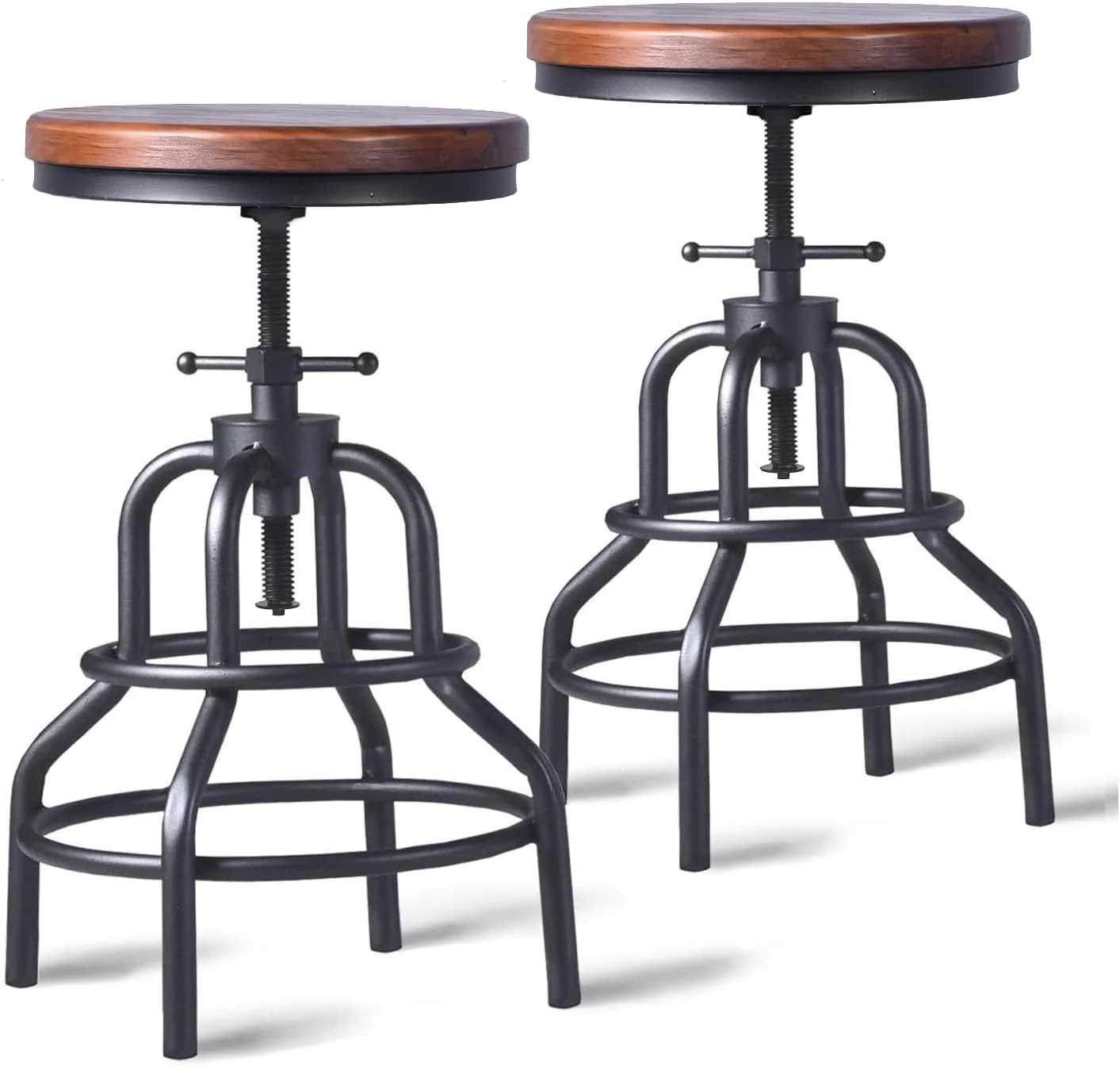 FashionTick Industrial Adjustable Swivel Pipe Stools with Round Wood Seat, Set of 2, Brown Wood