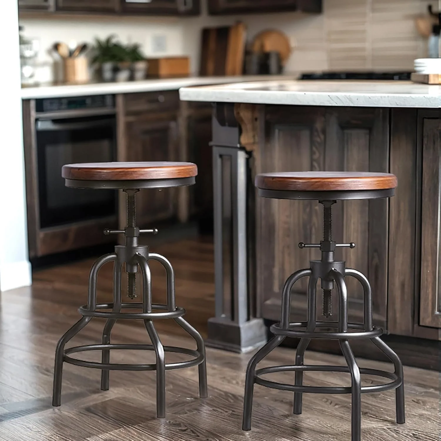 FashionTick Industrial Adjustable Swivel Pipe Stools with Round Wood Seat, Set of 2, Brown Wood - image 2