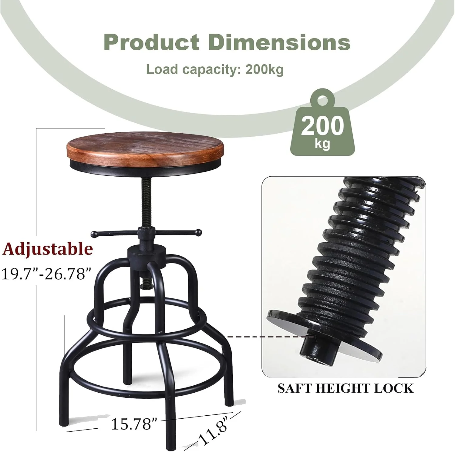FashionTick Industrial Adjustable Swivel Pipe Stools with Round Wood Seat, Set of 2, Brown Wood - image 3