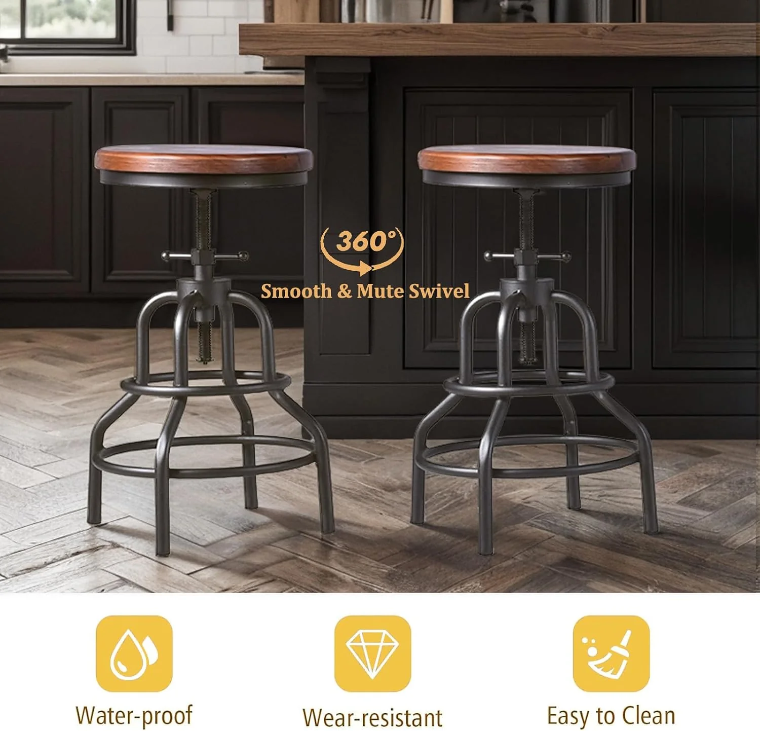 FashionTick Industrial Adjustable Swivel Pipe Stools with Round Wood Seat, Set of 2, Brown Wood - image 4